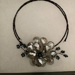 Black Beaded Spring Wire Choker Necklace with Icy Crystal Double Flower